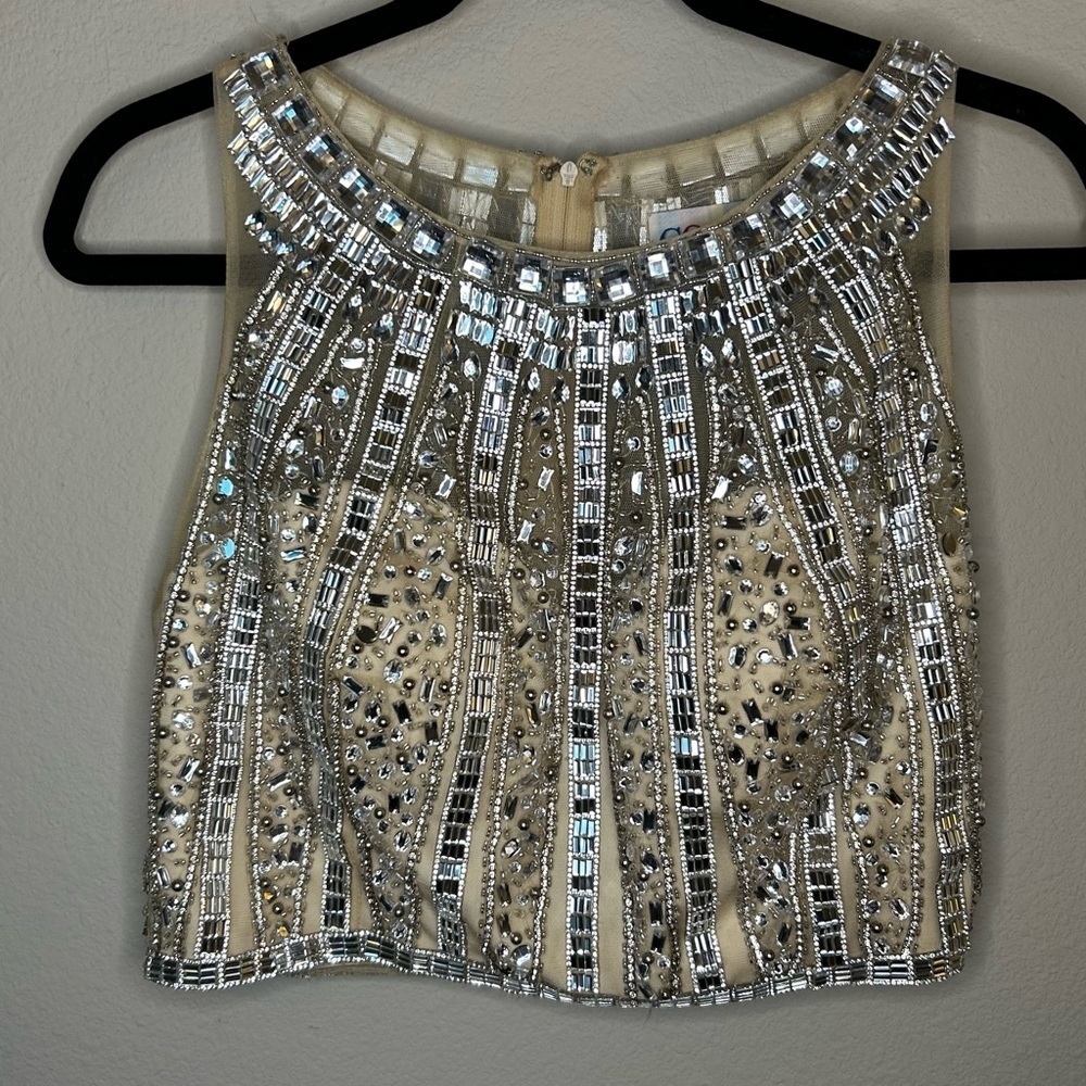 Bustier Women’s Size 10 Cream Mesh Classy Embellished Jewels Zip Back Dress Top - Picture 15 of 15